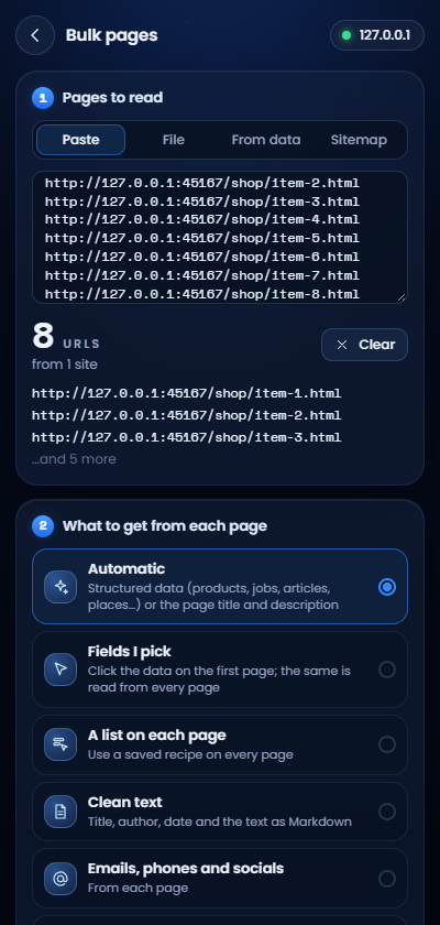 Bulk pages: many URLs into one table