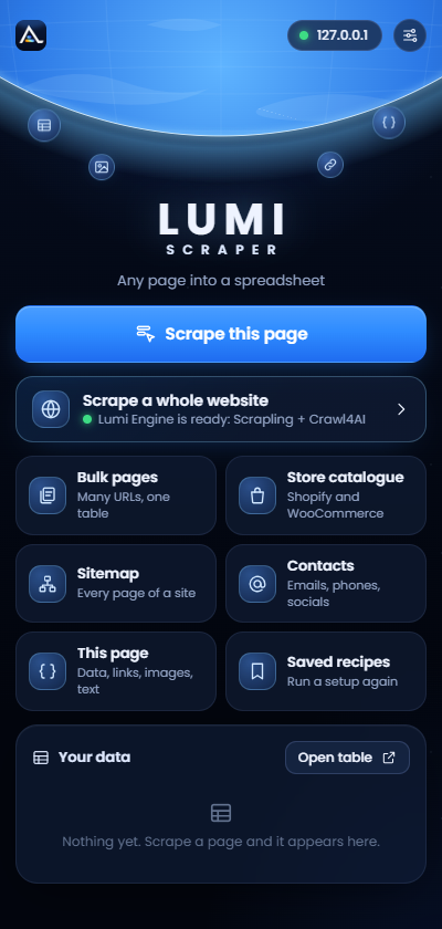 The Lumi Scraper side panel: home screen