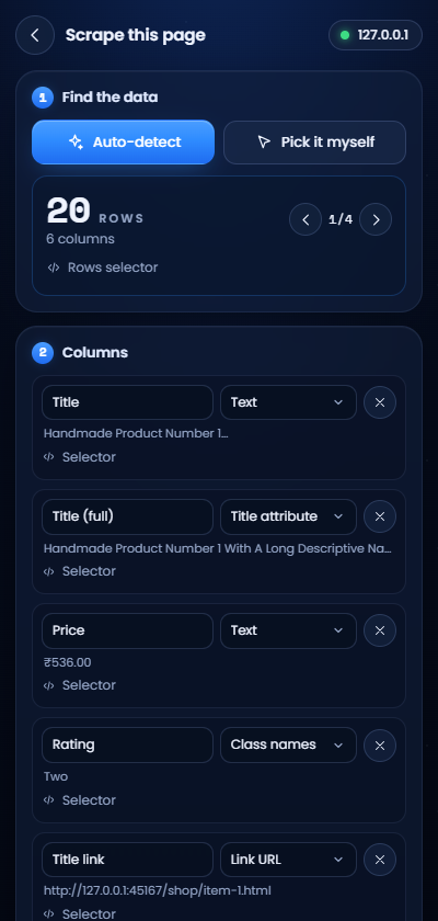 A list of 20 products found automatically, with its columns